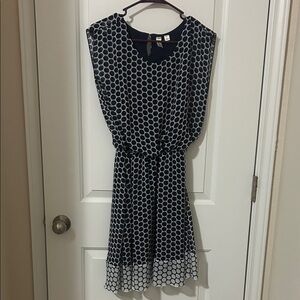 Tacera Navy & White Polka Dot Belted Midi Dress